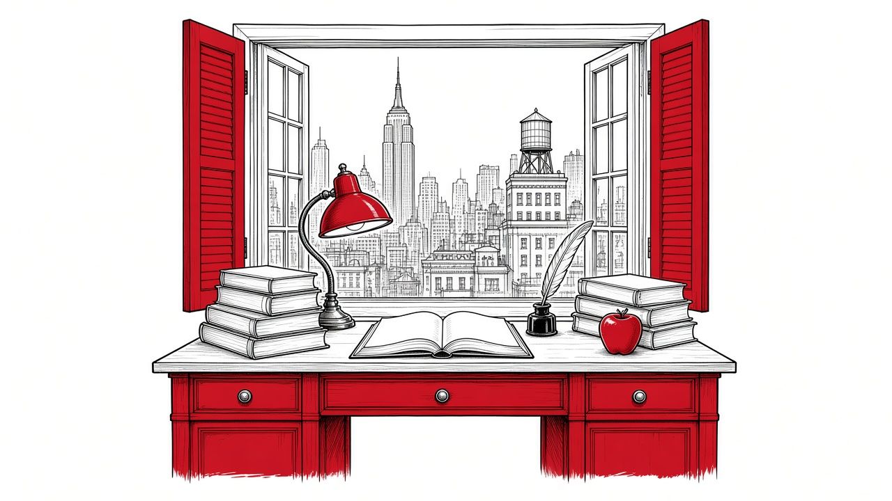 Ink drawing of a red desk with an open book, stacked books, a red lamp, and an apple, beneath a window with red shutters that opens onto the New York skyline